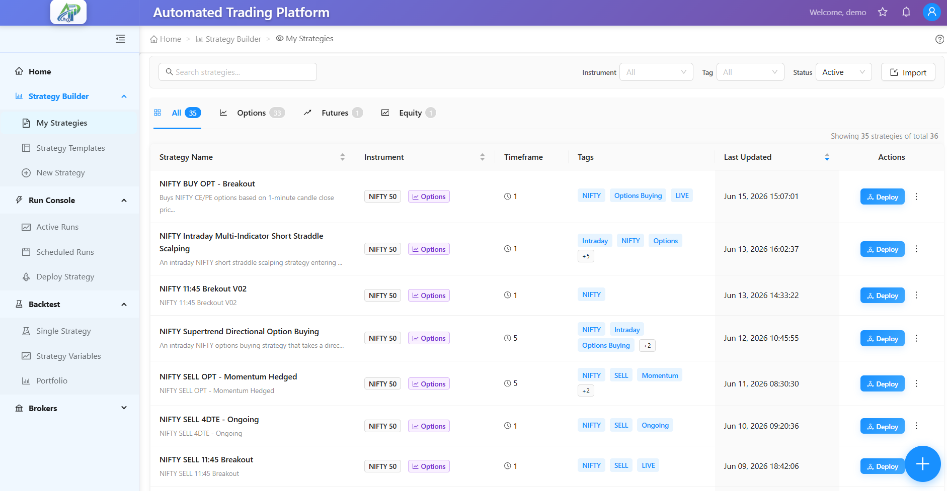 My Strategies page with search, filters, and strategy actions